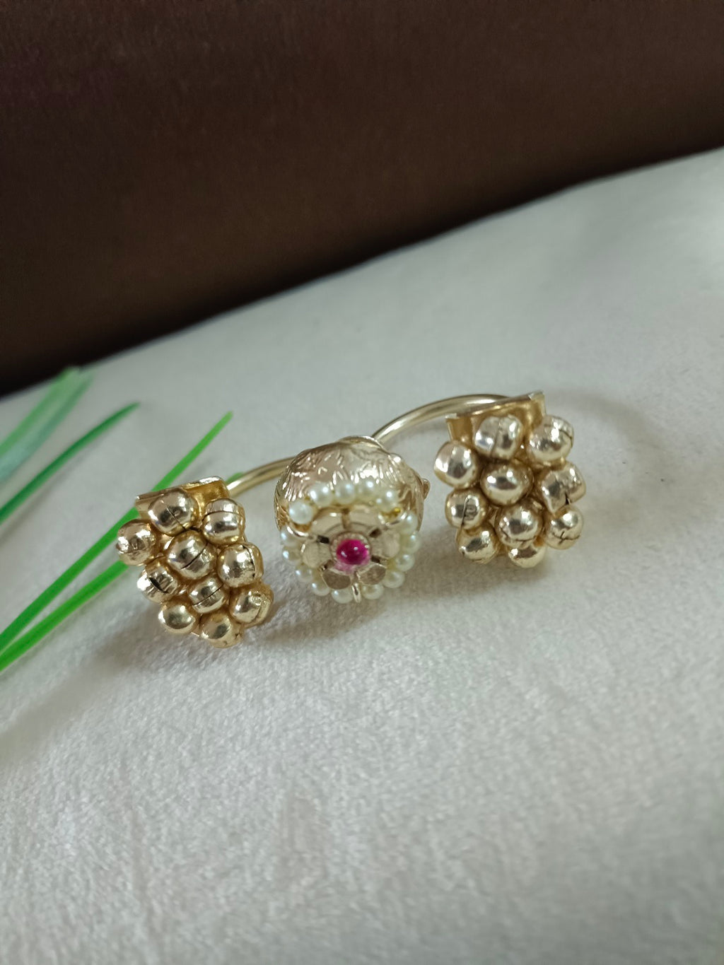 Gold-Toned Adjustable Brass Multi Finger Ring | White & Pink Kundan-Studded & Beaded