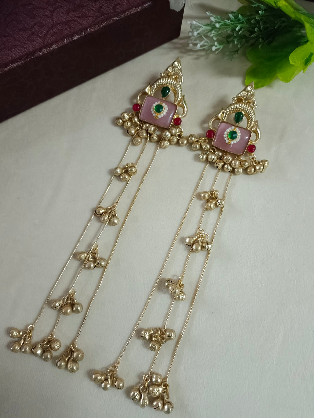 Gold-Toned Pink & Green Geometric Drop Earrings with Earchains | Kundan Beaded Kashmiri Style
