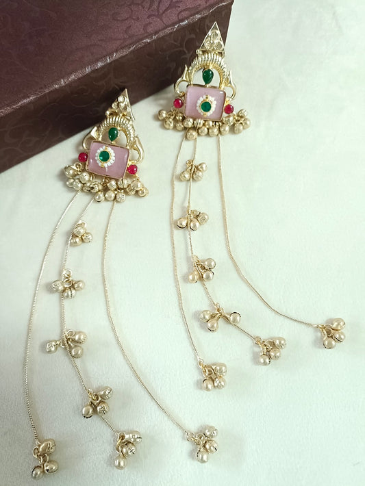 Brass-Plated Pachi Kundan Studded & Beaded Geometric Kashmiri Drop Ghungaroo Earrings