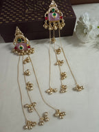 Brass-Plated Pachi Kundan Studded & Beaded Geometric Kashmiri Drop Ghungaroo Earrings