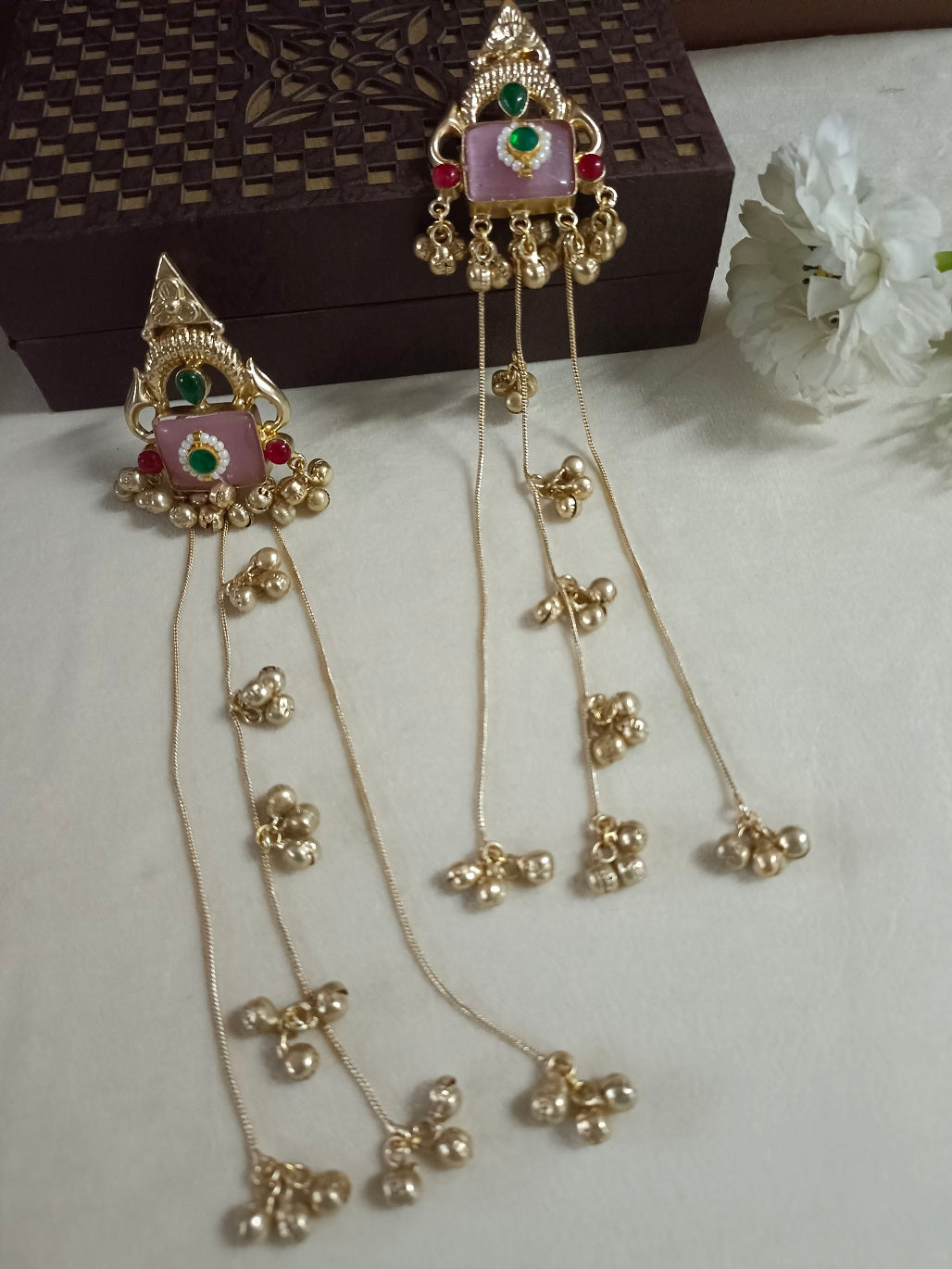 Brass-Plated Pachi Kundan Studded & Beaded Geometric Kashmiri Drop Ghungaroo Earrings