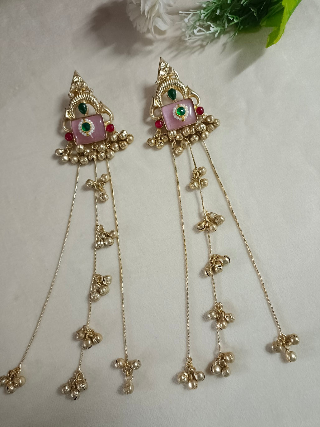 Brass-Plated Pachi Kundan Studded & Beaded Geometric Kashmiri Drop Ghungaroo Earrings