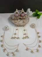 Gold-Toned Pink & Green Geometric Drop Earrings with Earchains | Kundan Beaded Kashmiri Style