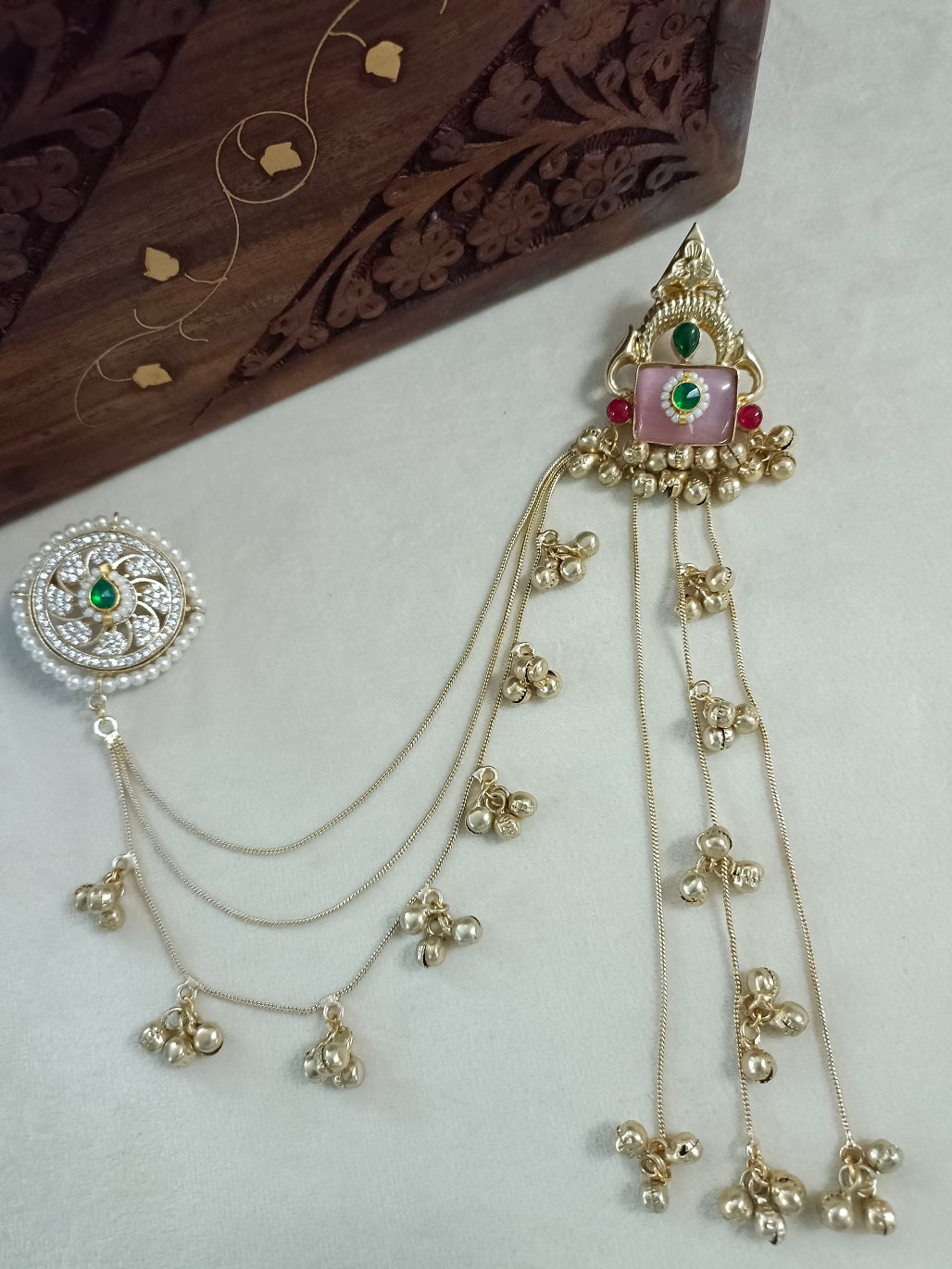 Gold-Toned Pink & Green Geometric Drop Earrings with Earchains | Kundan Beaded Kashmiri Style