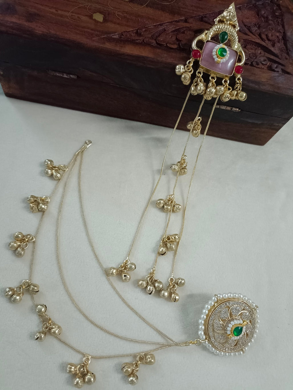 Gold-Toned Pink & Green Geometric Drop Earrings with Earchains | Kundan Beaded Kashmiri Style