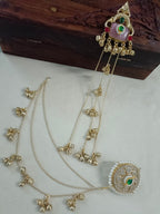 Gold-Toned Pink & Green Geometric Drop Earrings with Earchains | Kundan Beaded Kashmiri Style
