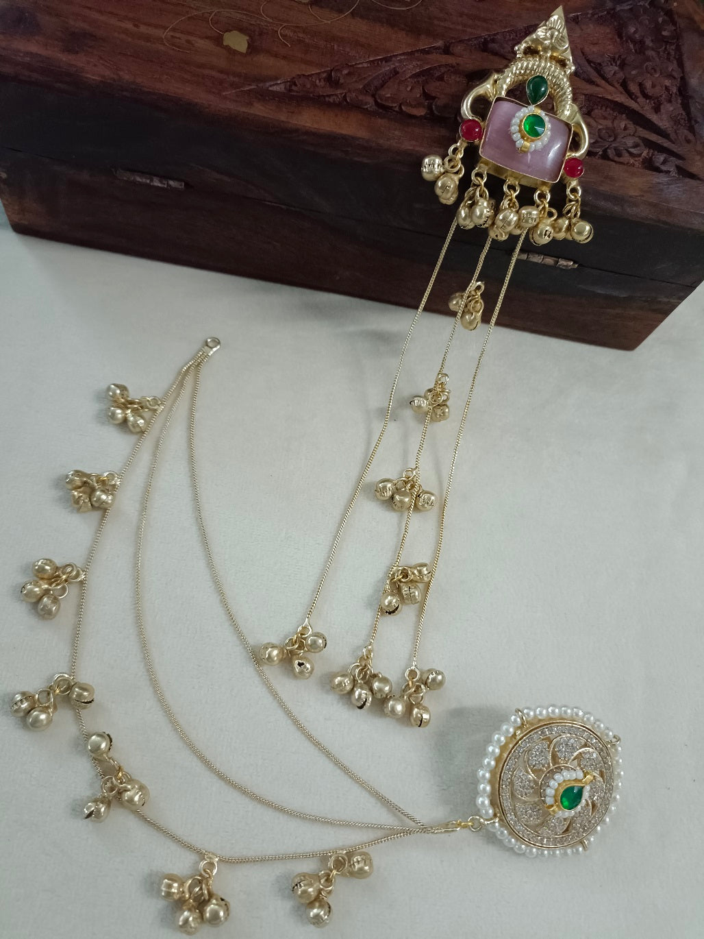 Gold-Toned Pink & Green Geometric Drop Earrings with Earchains | Kundan Beaded Kashmiri Style