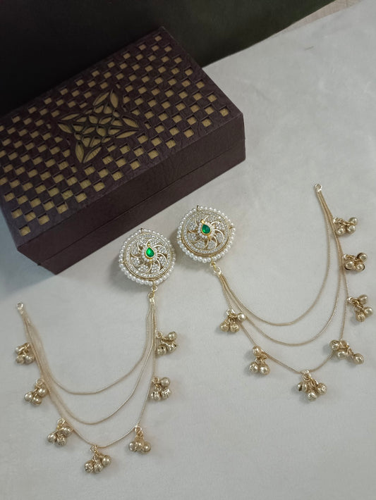 Gold-Toned White Circular Kashmiri Earchains | Kundan Studded Beaded Insert Style