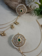 Gold-Toned White Circular Kashmiri Earchains | Kundan Studded Beaded Insert Style