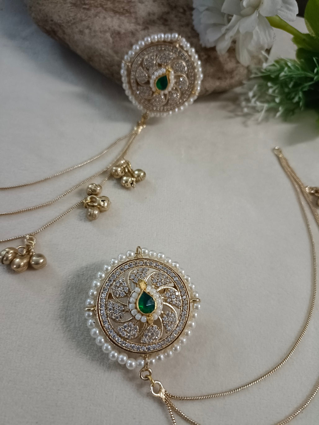 Gold-Toned White Circular Kashmiri Earchains | Kundan Studded Beaded Insert Style