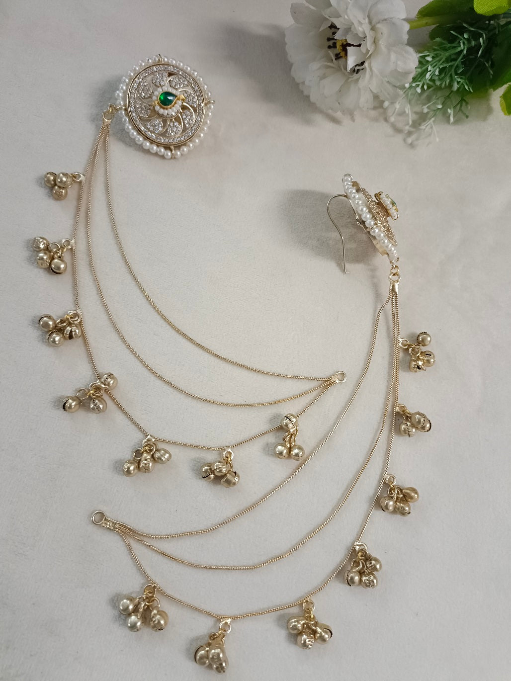 Gold-Toned White Circular Kashmiri Earchains | Kundan Studded Beaded Insert Style
