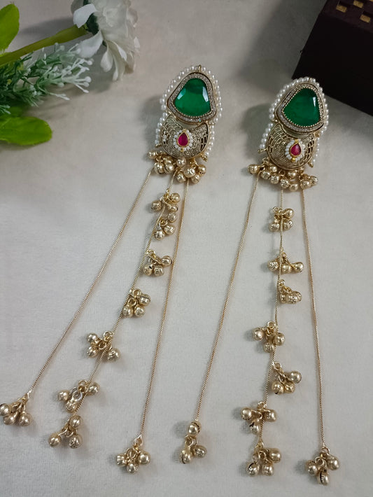Gold-Toned Green & White Geometric Drop Earrings | Kundan Studded Beaded Kashmiri Style