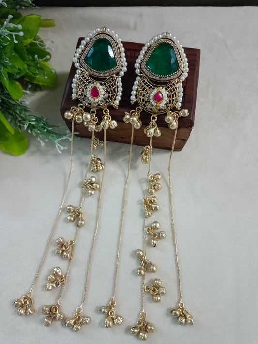 Gold-Toned Green & White Geometric Drop Earrings | Kundan Studded Beaded Kashmiri Style