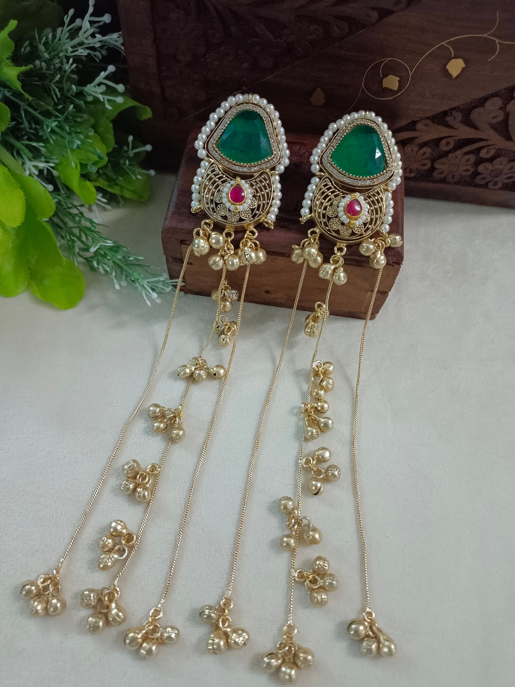 Gold-Toned Green & White Geometric Drop Earrings | Kundan Studded Beaded Kashmiri Style