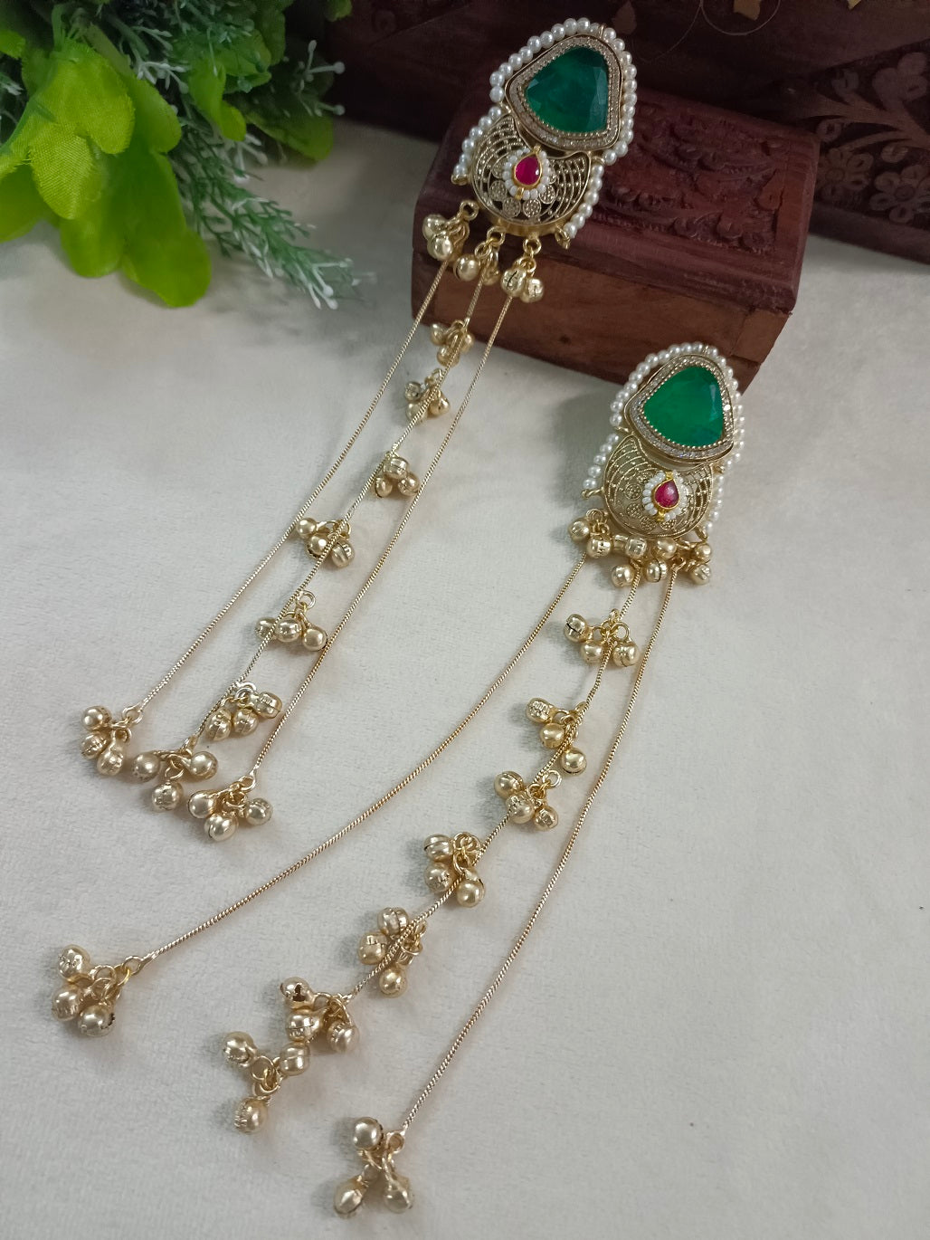 Gold-Toned Green & White Geometric Drop Earrings | Kundan Studded Beaded Kashmiri Style