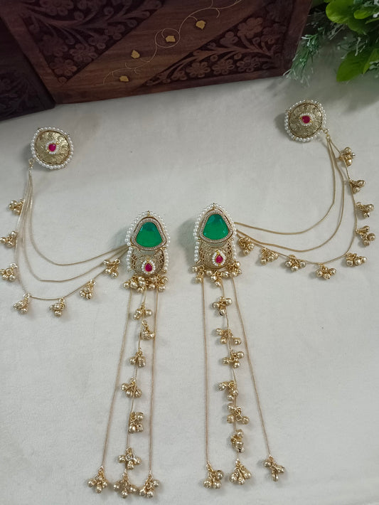 Gold-Toned Green & White Geometric Drop Earrings | Kundan, Ghungroo Beaded Kashmiri Earchains