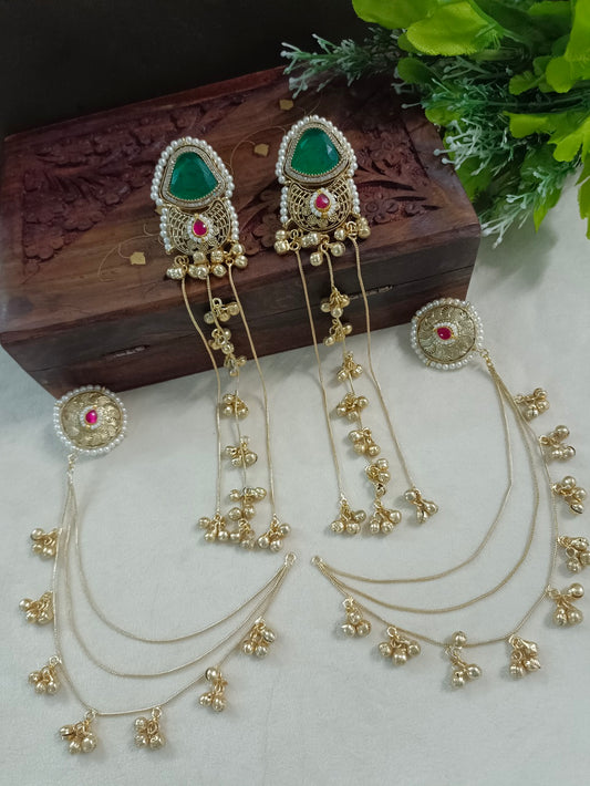 Gold-Toned Green & White Geometric Drop Earrings | Kundan, Ghungroo Beaded Kashmiri Earchains