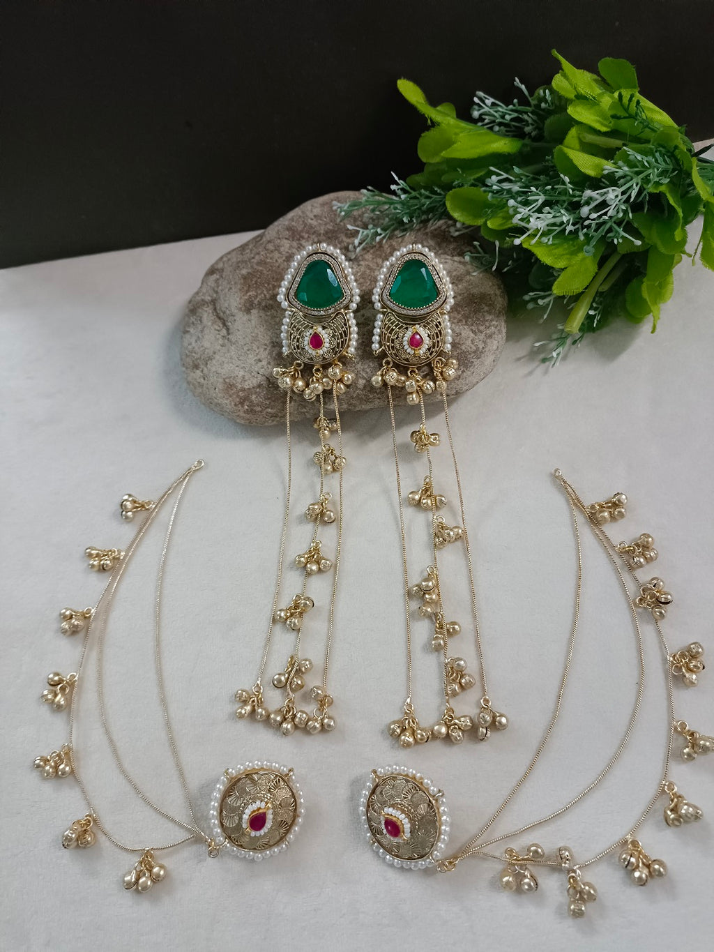Gold-Toned Green & White Geometric Drop Earrings | Kundan, Ghungroo Beaded Kashmiri Earchains