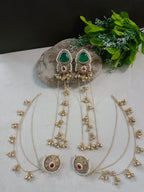 Gold-Toned Green & White Geometric Drop Earrings | Kundan, Ghungroo Beaded Kashmiri Earchains