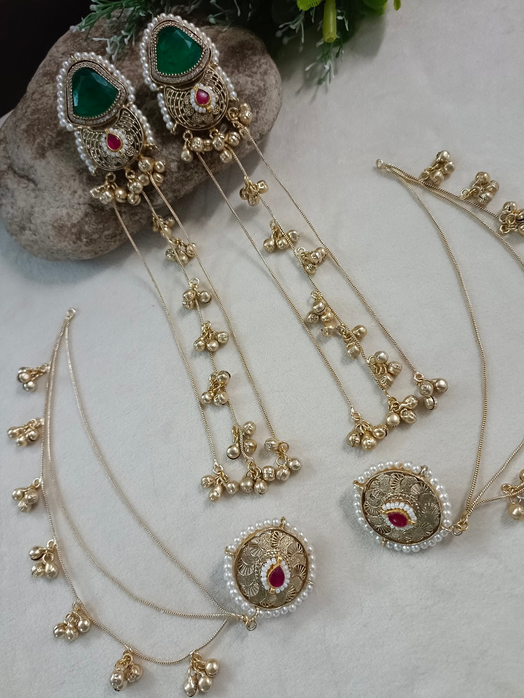 Gold-Toned Green & White Geometric Drop Earrings | Kundan, Ghungroo Beaded Kashmiri Earchains