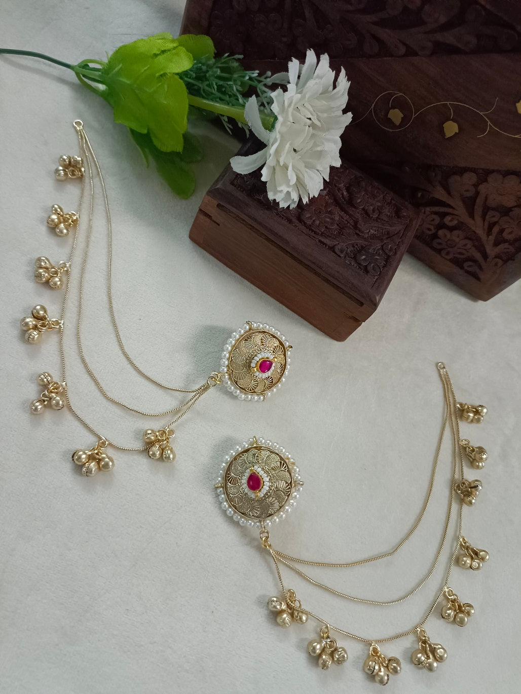 Gold-Toned Pink & White Circular Ear Cuff | Kashmiri Kundan, Ghungroo Beaded & Fish Hook