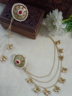 Gold-Toned Pink & White Circular Ear Cuff | Kashmiri Kundan, Ghungroo Beaded & Fish Hook