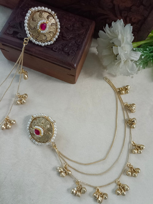 Gold-Toned Pink & White Circular Ear Cuff | Kashmiri Kundan, Ghungroo Beaded & Fish Hook