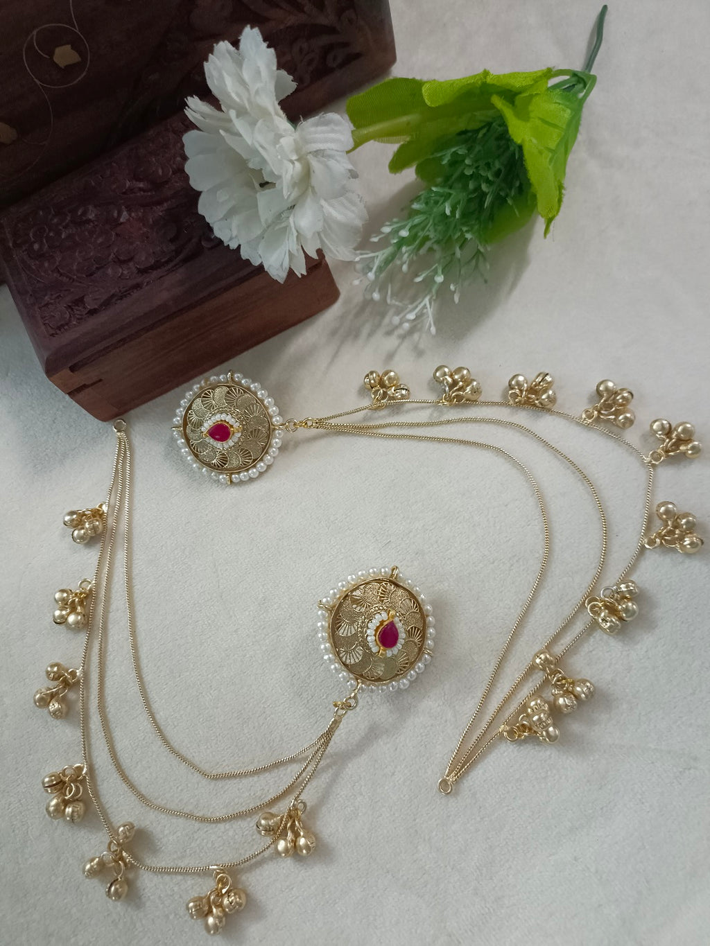 Gold-Toned Pink & White Circular Ear Cuff | Kashmiri Kundan, Ghungroo Beaded & Fish Hook