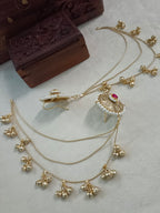 Gold-Toned Pink & White Circular Ear Cuff | Kashmiri Kundan, Ghungroo Beaded & Fish Hook