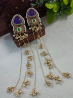 Gold-Toned Purple & White Geometric Drop Earrings with Chain | Kundan Beaded Kashmiri Style