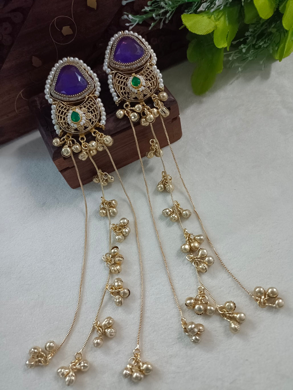 Gold-Toned Purple & White Geometric Drop Earrings with Chain | Kundan Beaded Kashmiri Style