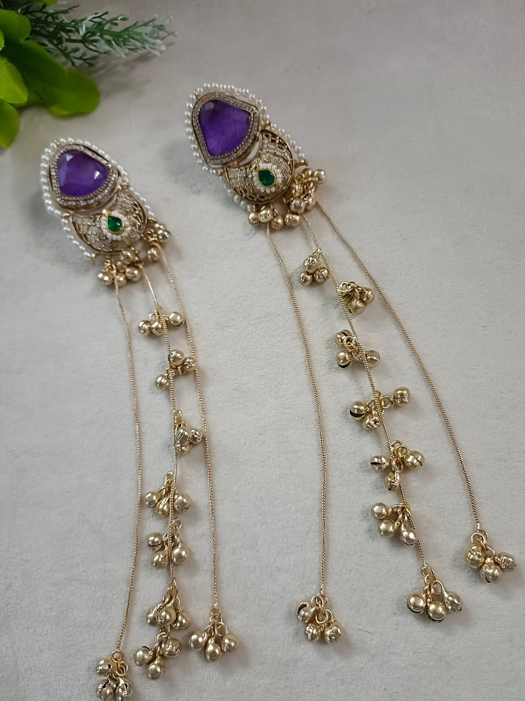 Gold-Toned Purple & White Geometric Drop Earrings with Chain | Kundan Beaded Kashmiri Style