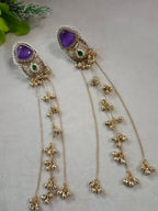 Gold-Toned Purple & White Geometric Drop Earrings with Chain | Kundan Beaded Kashmiri Style
