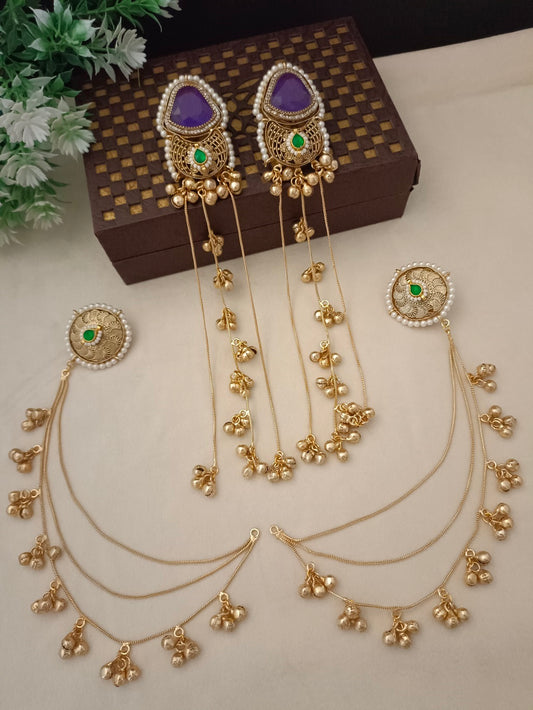 Gold-Toned Purple & White Geometric Drop Earrings | Kundan, Ghungroo Beaded, Kashmiri Earchains