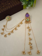 Gold-Toned Purple & White Geometric Drop Earrings | Kundan, Ghungroo Beaded, Kashmiri Earchains
