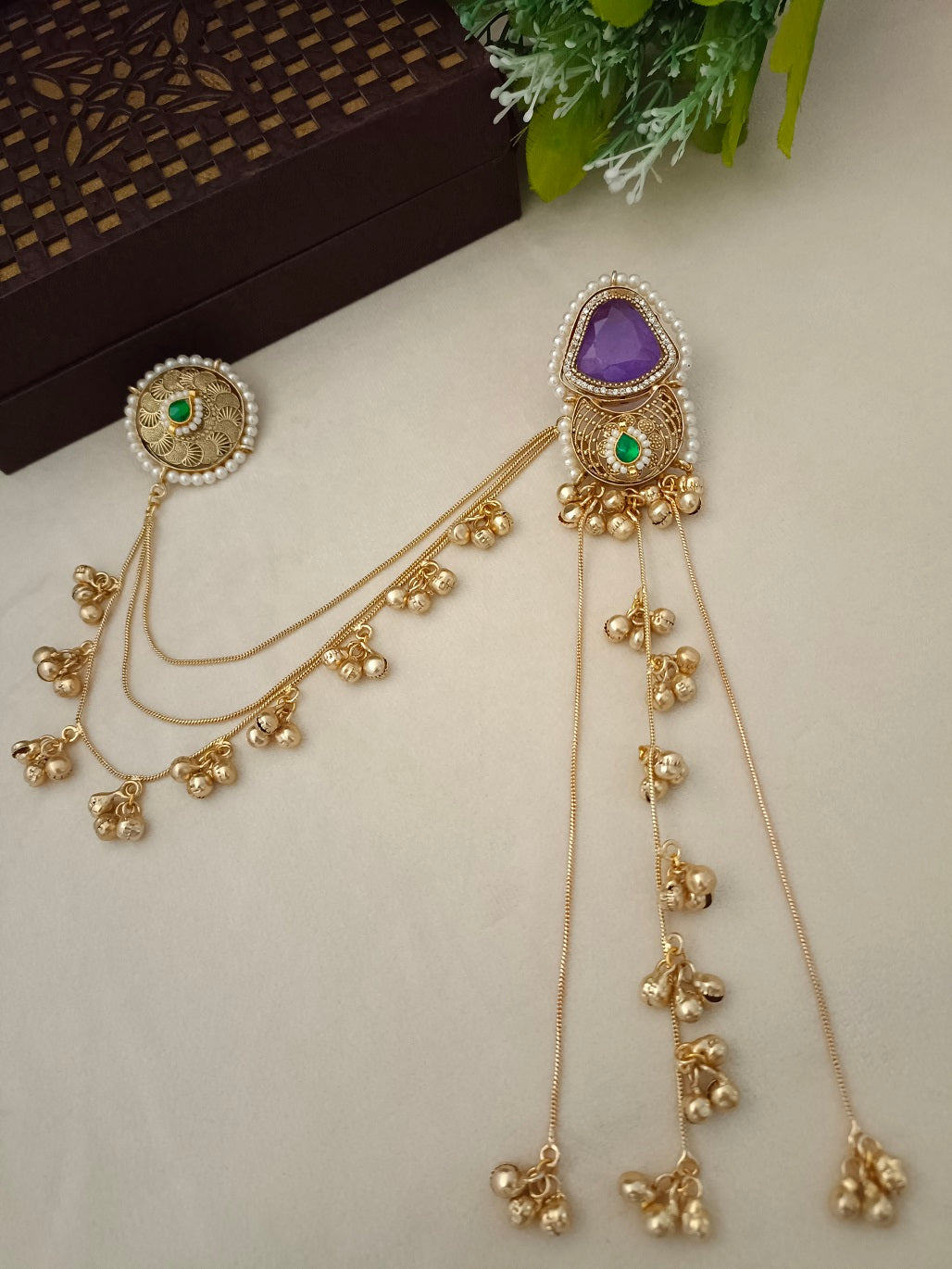 Gold-Toned Purple & White Geometric Drop Earrings | Kundan, Ghungroo Beaded, Kashmiri Earchains
