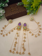 Gold-Toned Purple & White Geometric Drop Earrings | Kundan, Ghungroo Beaded, Kashmiri Earchains