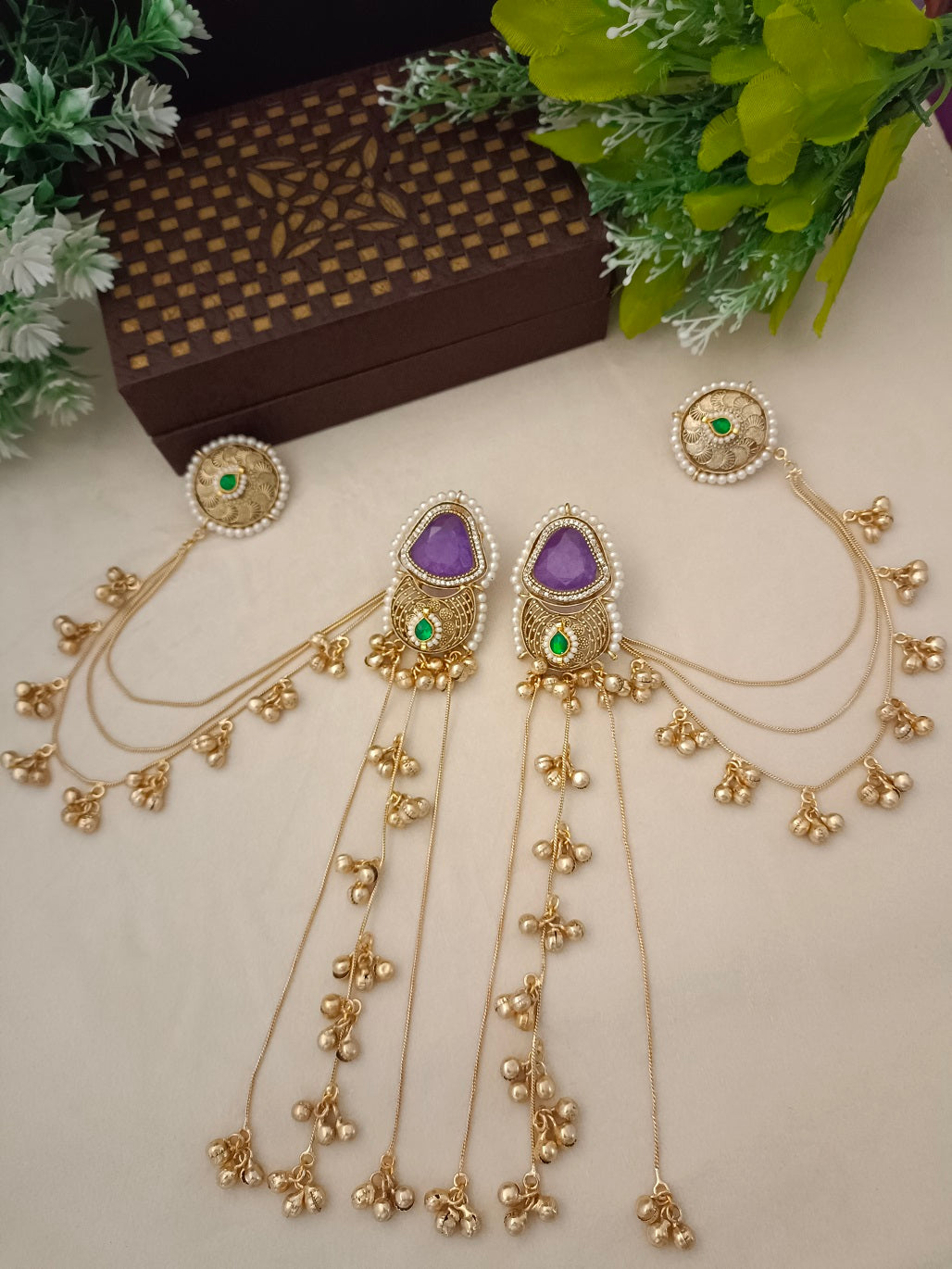 Gold-Toned Purple & White Geometric Drop Earrings | Kundan, Ghungroo Beaded, Kashmiri Earchains