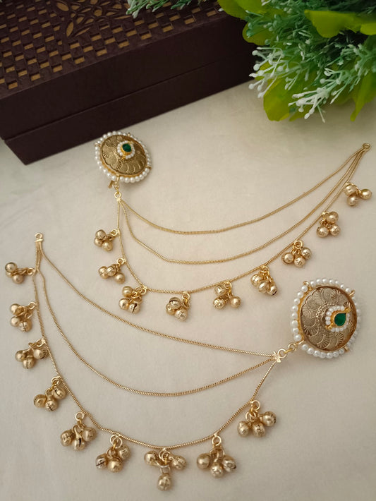 Gold-Toned Green & White Circular Ear Cuff | Kashmiri Kundan, Ghungroo Beaded & Fish Hook