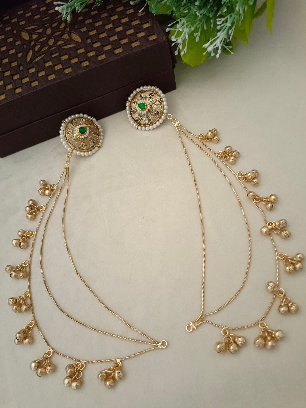 Gold-Toned Green & White Circular Ear Cuff | Kashmiri Kundan, Ghungroo Beaded & Fish Hook