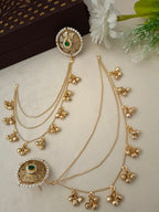 Gold-Toned Green & White Circular Ear Cuff | Kashmiri Kundan, Ghungroo Beaded & Fish Hook