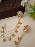 Gold-Toned Green & White Circular Ear Cuff | Kashmiri Kundan, Ghungroo Beaded & Fish Hook