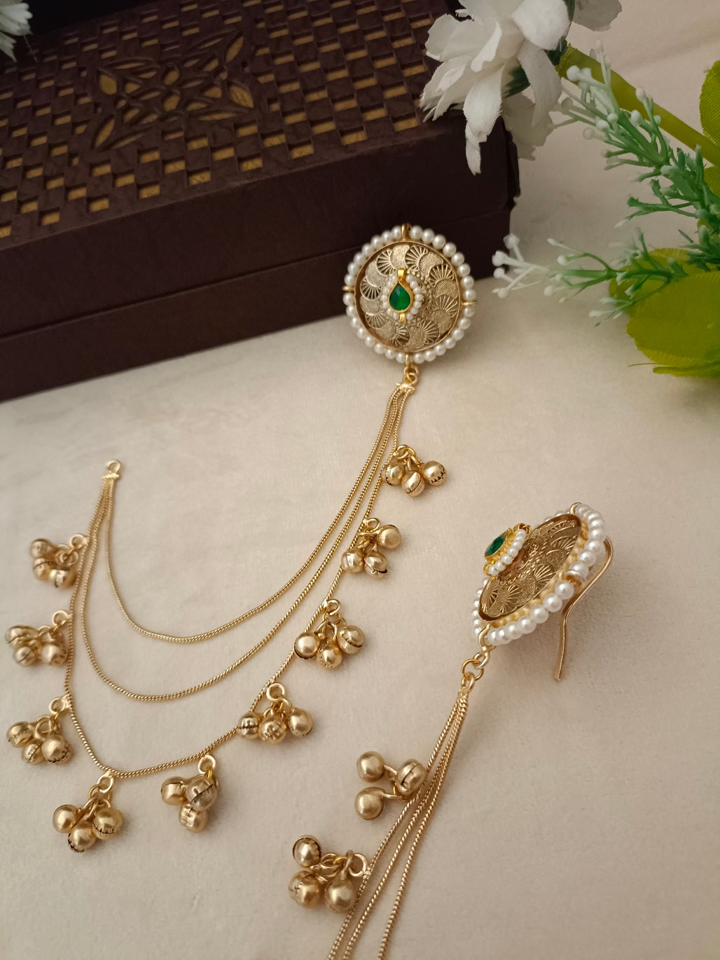 Gold-Toned Green & White Circular Ear Cuff | Kashmiri Kundan, Ghungroo Beaded & Fish Hook