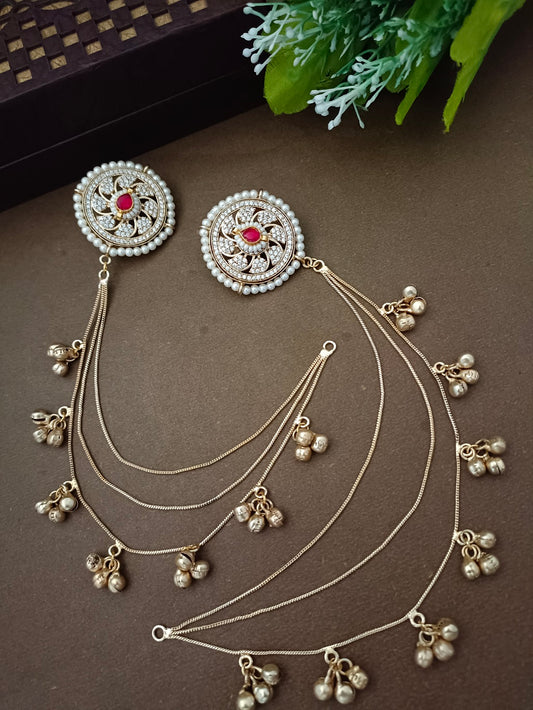 Traditional Gold-Tone Ear Chains (Kaan Chain) with Pachi Kundan Studs and Ghungroo Dangles