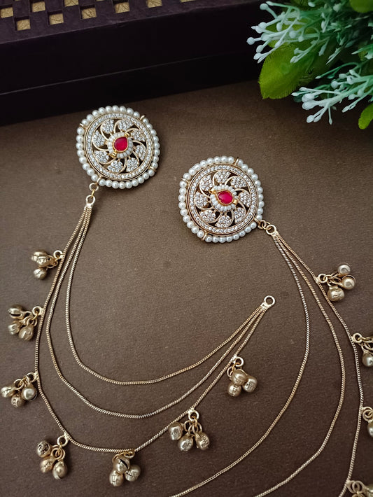 Traditional Gold-Tone Ear Chains (Kaan Chain) with Pachi Kundan Studs and Ghungroo Dangles