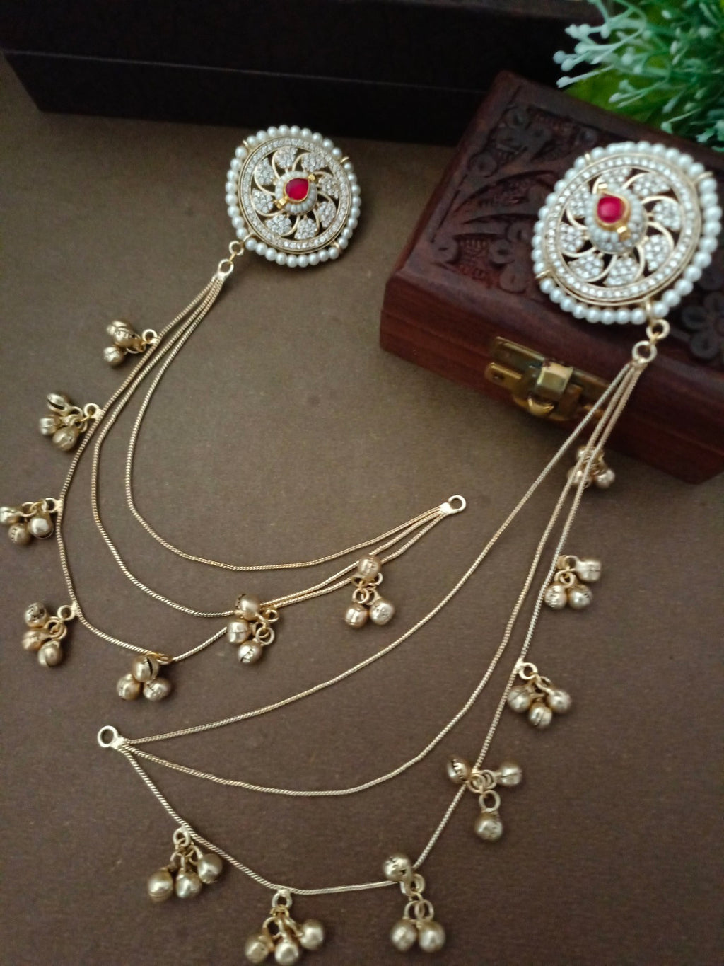 Traditional Gold-Tone Ear Chains (Kaan Chain) with Pachi Kundan Studs and Ghungroo Dangles