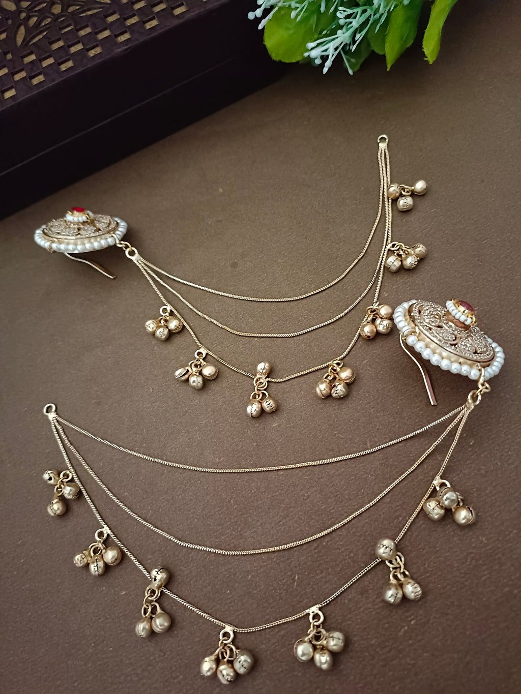 Traditional Gold-Tone Ear Chains (Kaan Chain) with Pachi Kundan Studs and Ghungroo Dangles