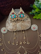 Kundan Studded Geometric Kashmiri Drop Earrings with Earchain (Red & Blue)