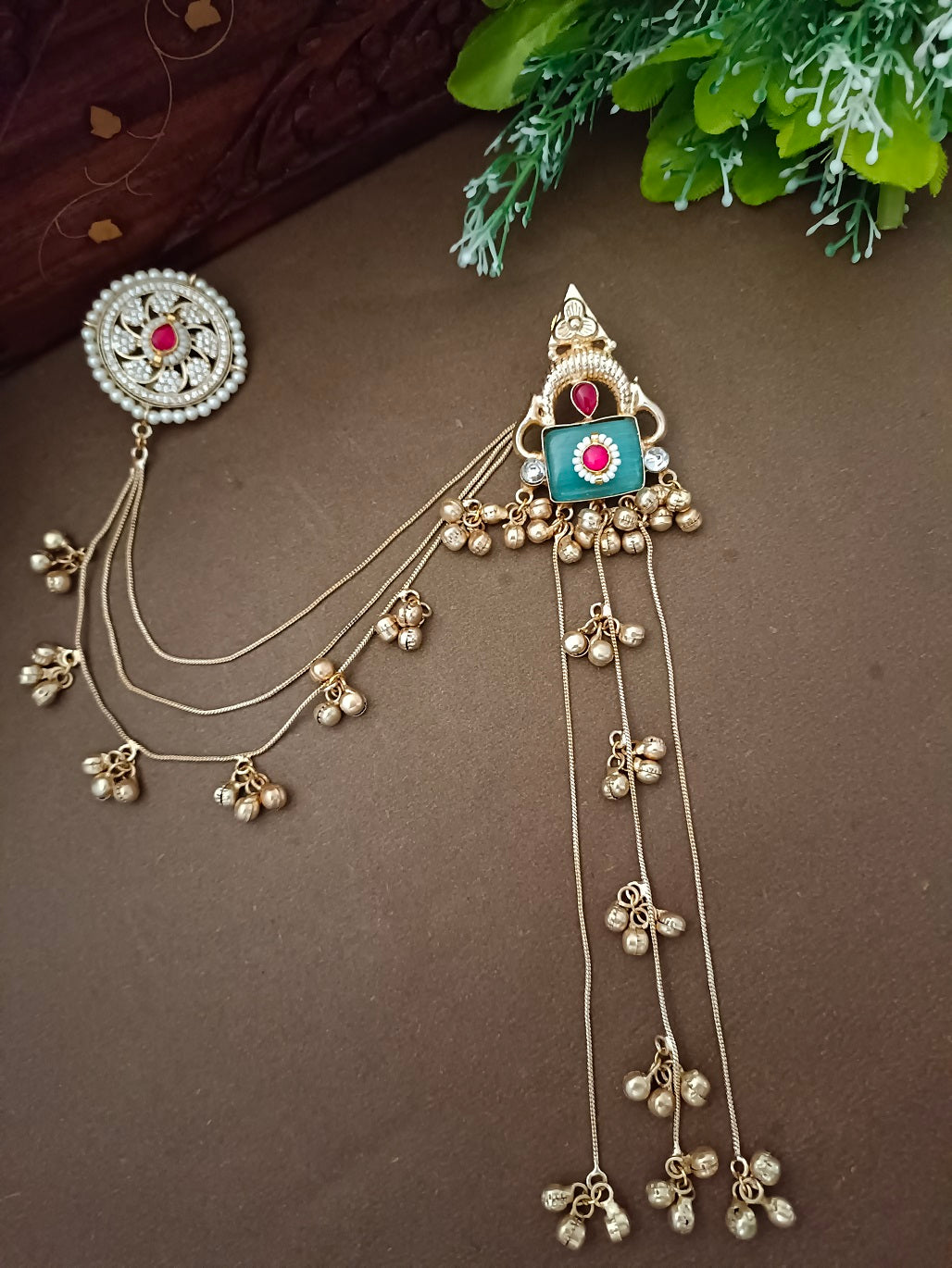 Kundan Studded Geometric Kashmiri Drop Earrings with Earchain (Red & Blue)