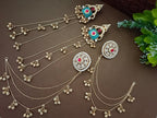 Kundan Studded Geometric Kashmiri Drop Earrings with Earchain (Red & Blue)